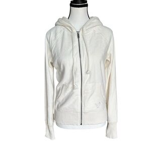Y2K 2000s American Eagle Cream/White Fleece Zip Up Hoodie - Medium - 2011